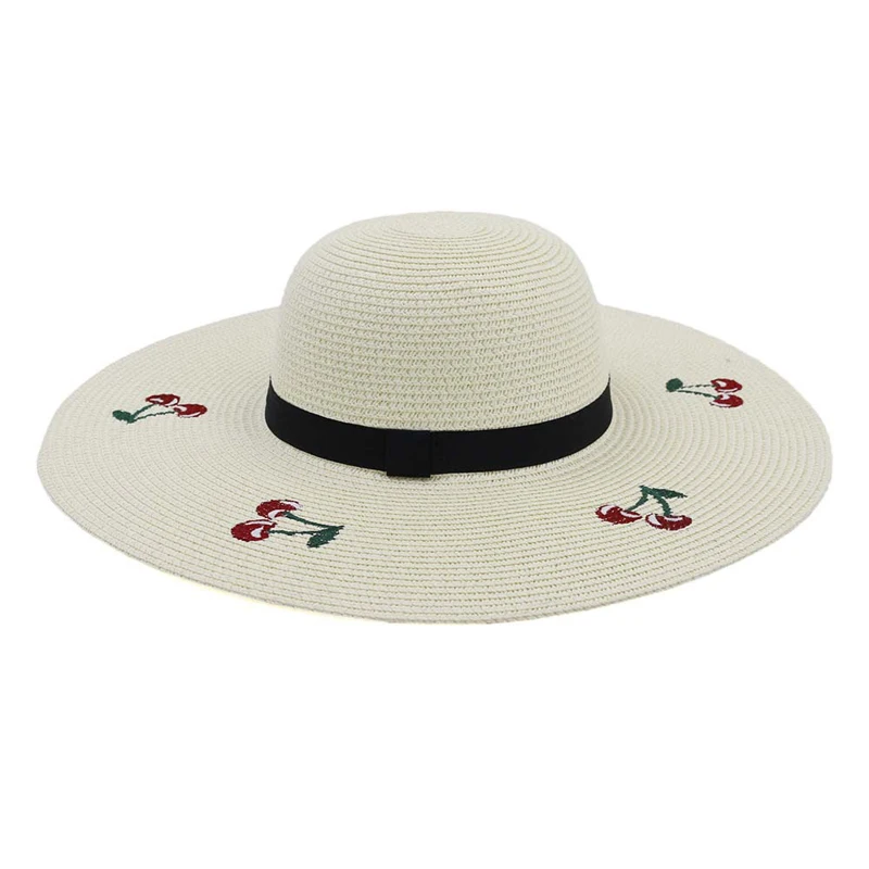 

400 pcs/pack Summer Foldable Large Brim Beach Sun Ladies Hats with Embroidery Cherry Womens Floppy Straw Hat Holiday Sunhat