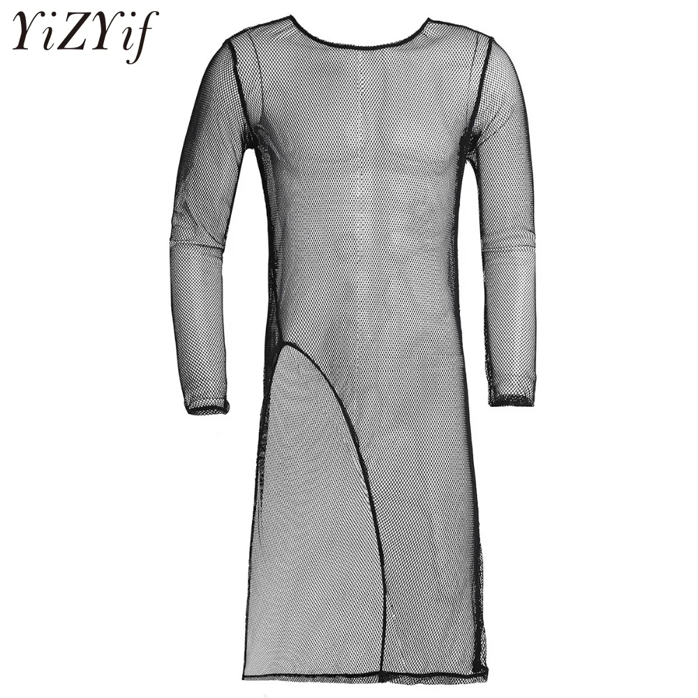 

Мужская футболка YiZYiF, с длинным рукавом, круглым вырезом, сетчатая, прозрачная, с асимметричным подолом, с разрезом спереди, длинная майка, о...