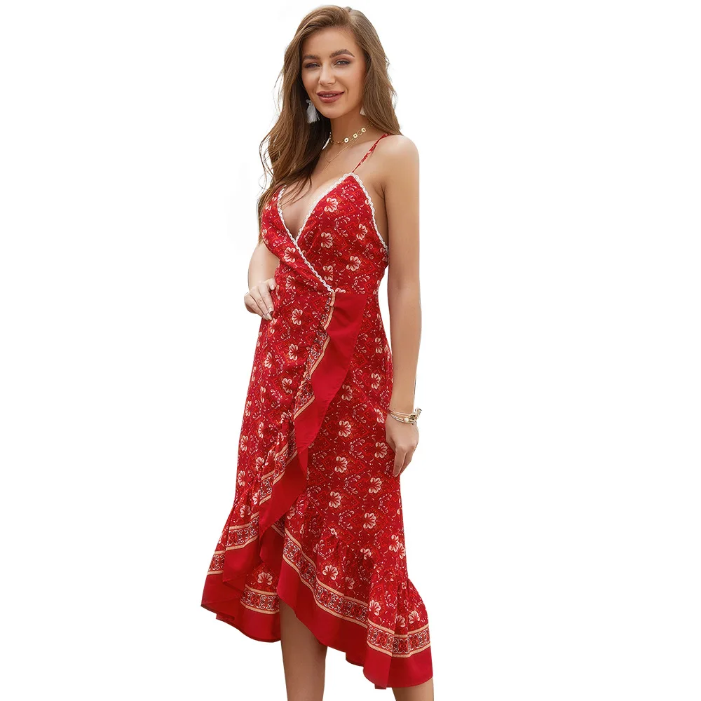 2019 summer sexy dress women Red sling print Off-shoulder Party Beach Sundress Spaghetti Long Dresses vestidos | Женская одежда