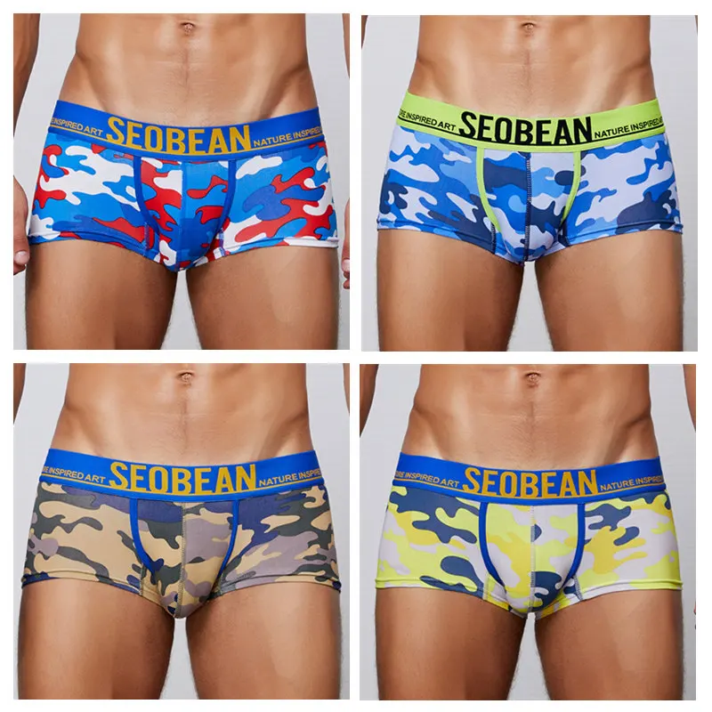 redblue brown yellow SEOBEAN, боксеры, шорты для мужчин s, 4 шт./партия, нижнее белье, боксеры, хлопок, мужские камуфляжные боксеры, мужское нижнее белье, партия - Цвет: redblue brown yellow