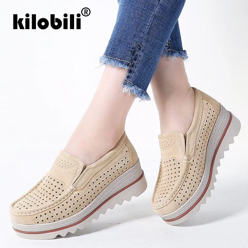 Kilobili 2019 летние Женские туфли лодочки обувь кроссовки на танкетке из замши с