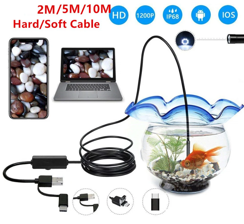 

Камера-Эндоскоп 3 в 1, USB 2/5/10 м, 1200P, с мягким/жестким кабелем