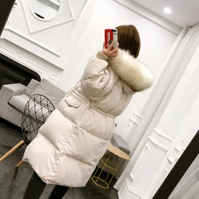 Khaki cream Новое поступление свободные стильные высококачественные зимние длинные женские пальто на утином пуху теплая Толстая русская верхняя одежда большой настоящий капюшон из меха енота - Цвет: Khaki cream