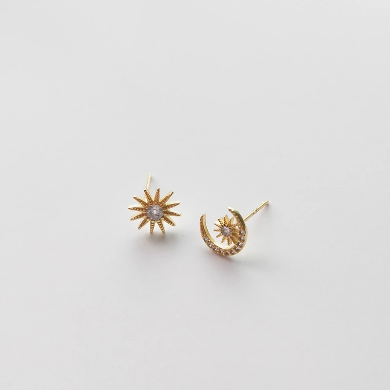 LouLeur sterling 925 silver moon star earrings Asymmetry mosaic zircon gold color stud for women jewelry 2018 | Украшения и