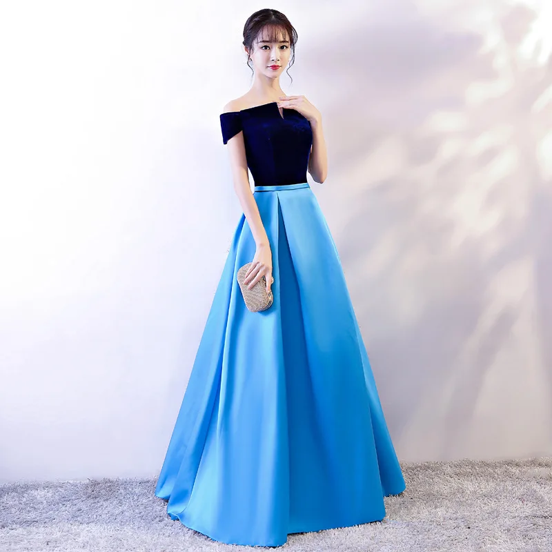 Blue Long Prom Dresses 2019 New Off The Shoulder Gown Satin Formal Dress Women Occasion Party Robe De Soiree | Свадьбы и торжества