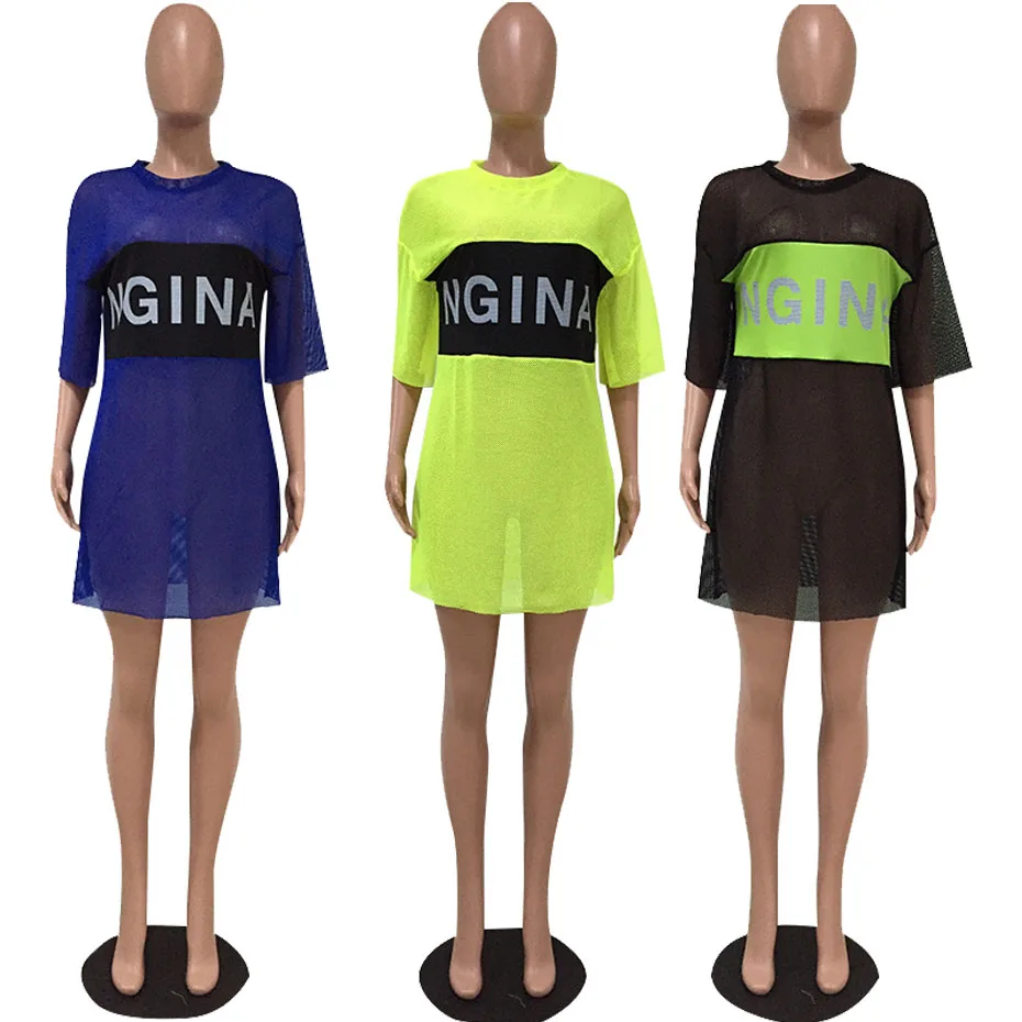 Неоново-зеленое Сетчатое Прозрачное платье-футболка женское мини-платье с