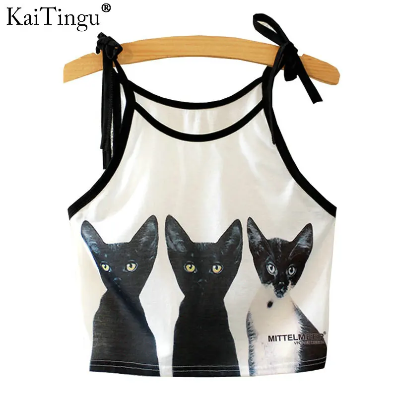 KaiTingu 2017 Новый Модный женский укороченный топ без рукавов с принтом Три Кота