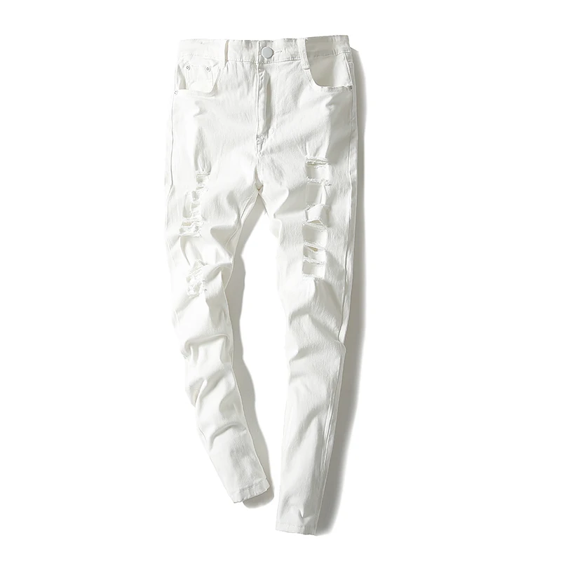 Мужские однотонные джинсы с дырками белые облегающие ковбойские брюки