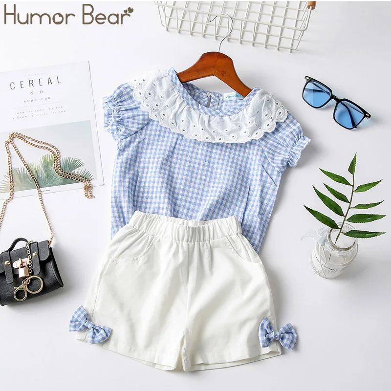 BZ137C sky blue Humor Bear/Новая летняя одежда для малышей модная футболка в горошек с галстуком-бабочкой+ юбка с рисунком кота Детский костюм комплект одежды с платьем с героями мультфильмов - Цвет: BZ137C sky blue