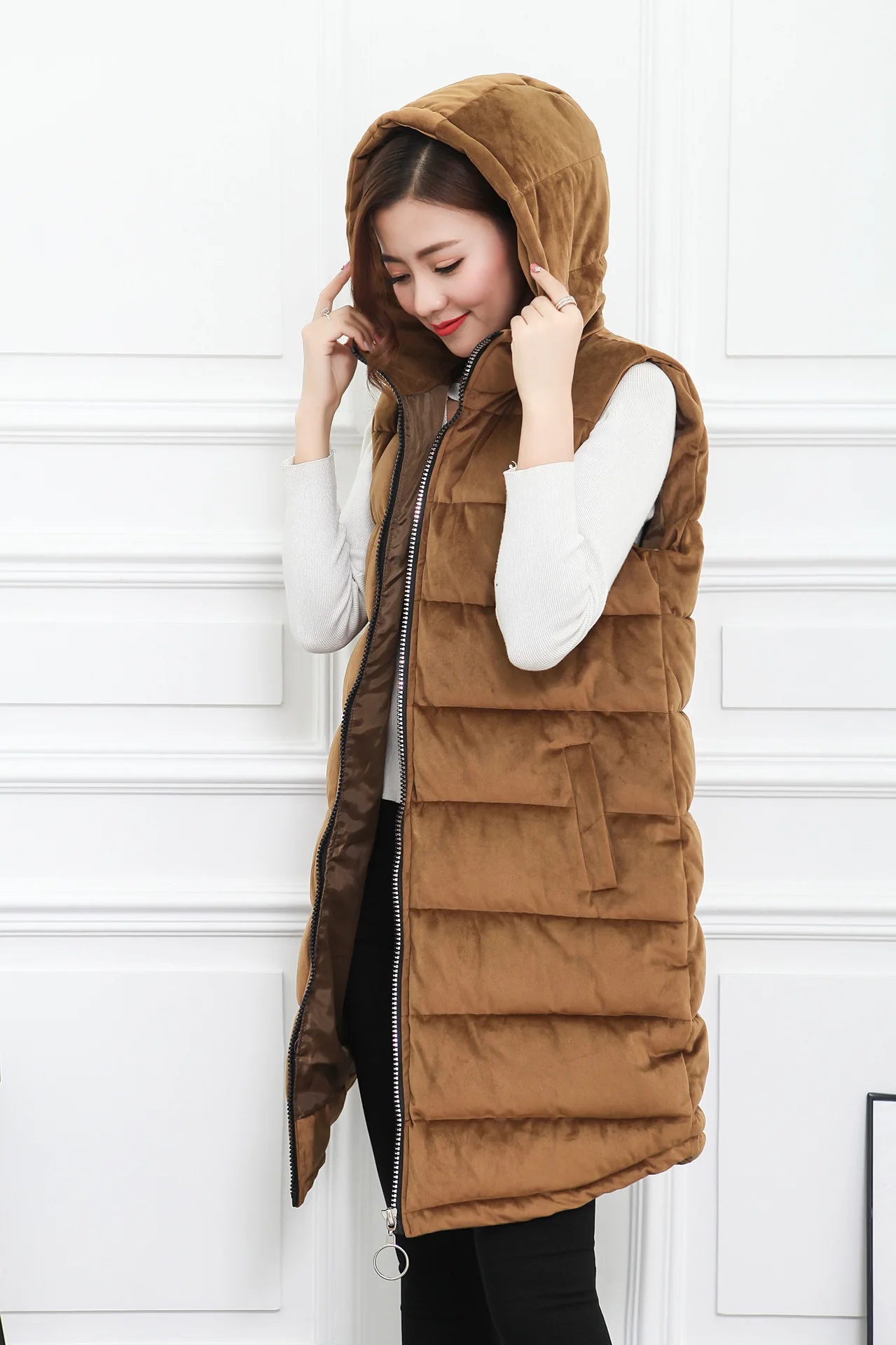 Yuxinfeng, утепленная, 4XL, бархатная парка, жилет, Женская длинная куртка-жилет с капюшоном, на молнии, женские жилеты для дам, большой размер, зимняя верхняя одежда