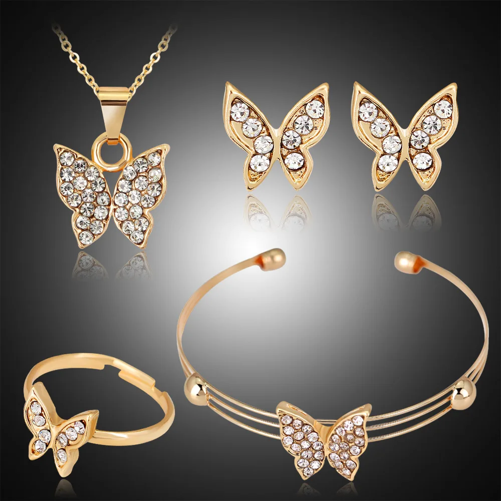 Butterfly Rhinestone Jewelry Necklace Earrings Bracelet Ring Set for Women Gold Color Bridal Wedding Sets | Украшения и