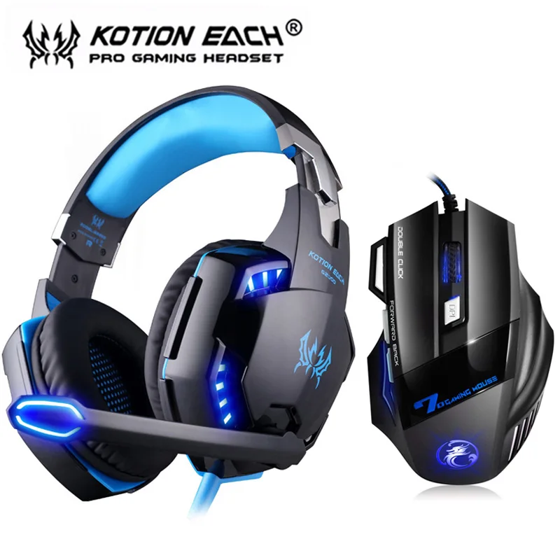 KOTION EACH G2000 игровая гарнитура стерео глубокий бас светодиодный наушники с микрофоном Профессиональный геймер+ оптическая USB мышь игры мыши dpi