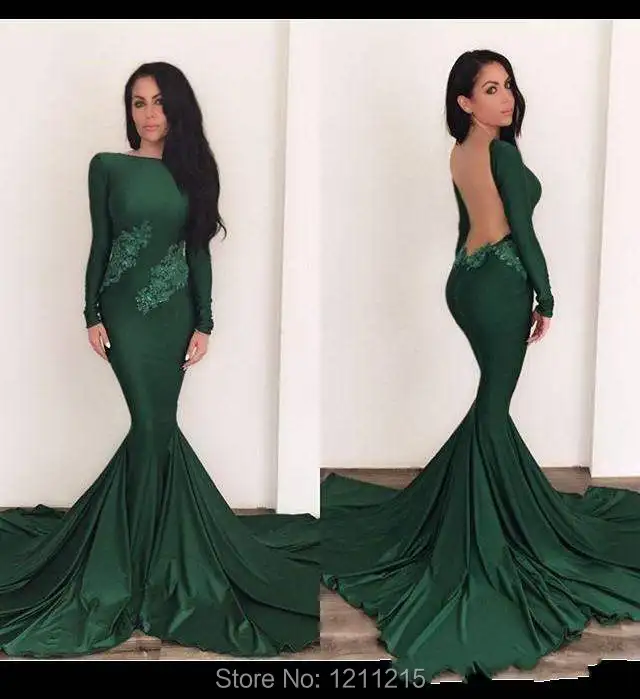 2016 зеленое длинное вечернее платье с аппликацией глубоким вырезом на спине