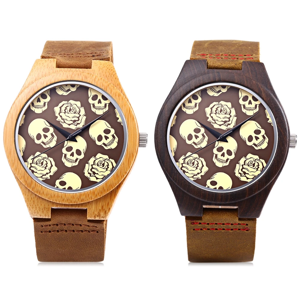 REDEAR Men Quartz Watch Imported Movt Skull Pattern Wooden Case Wristwatch | Наручные часы