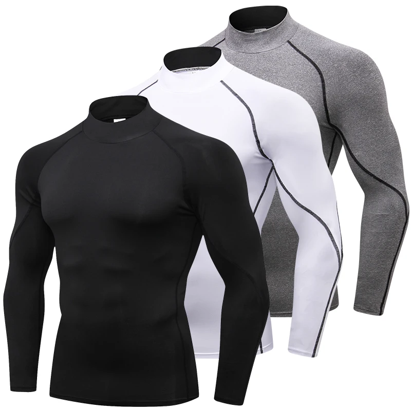 

High collar Compression Shirts Men Bodybuilding Sportswear T-shirt Long Sleeve Top Gyms T Shirt Men Fitness Tight Rashgard