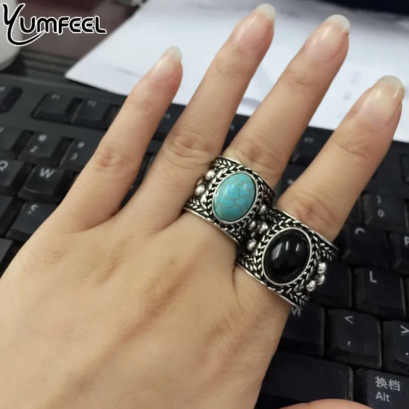 Женское Винтажное кольцо Yumfeel черное с бусинами и манжетами в богемном стиле