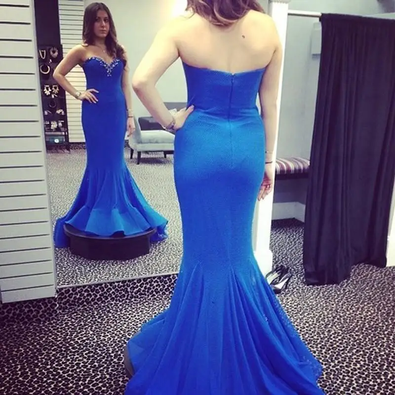 Элегантный Синий Шифон Вечерние Платья Pageant Платье Русалка Милая Бисером Молния