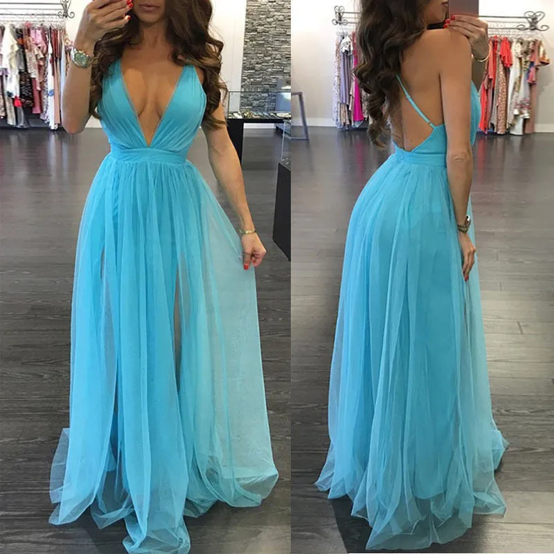 Stylish Women dress Polyester Deep V-neck sleeveless casual solid Evening Party Summer Beach Dresses one pieces | Женская одежда