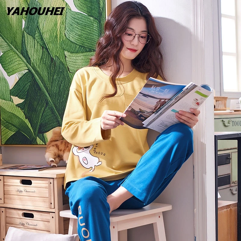 Houg yellow Большие размеры, M-3XL, женские пижамные комплекты, хлопок, одежда для сна, весна-осень, пижамы с длинным рукавом, пижамный комплект с круглым вырезом, женские пижамы - Цвет: Houg yellow