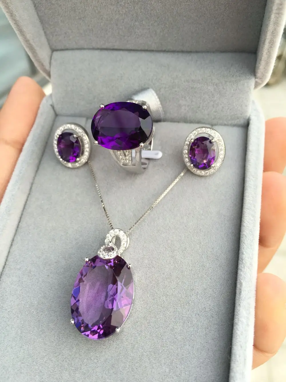 Аметист три набора Кольцо Кулон Серебро 925 инкрустированные 18k розовое золото