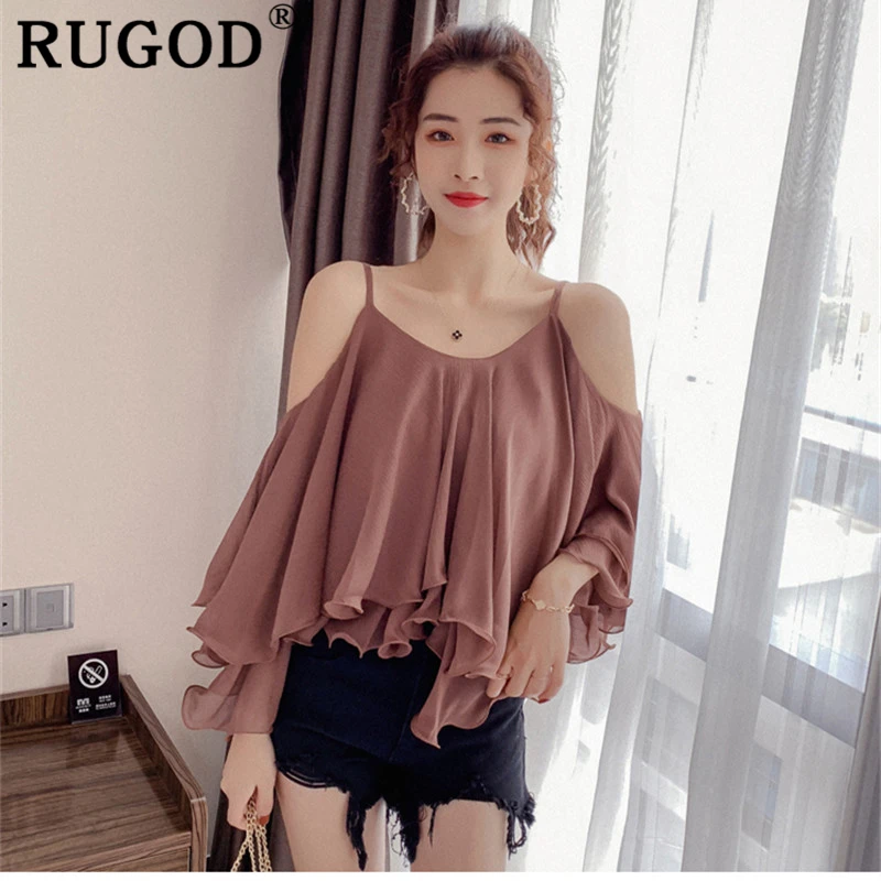 Женская офисная блузка RUGOD белая однотонная Свободная без рукавов с оборками в