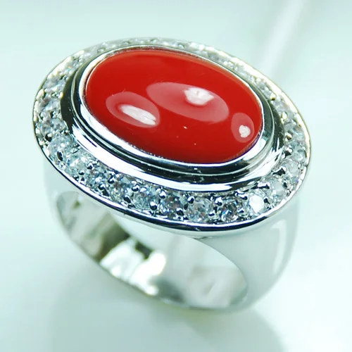 

Red Coral White Crystal Zircon925 Sterling Silver Ring Size 6 7 8 9 10 F986