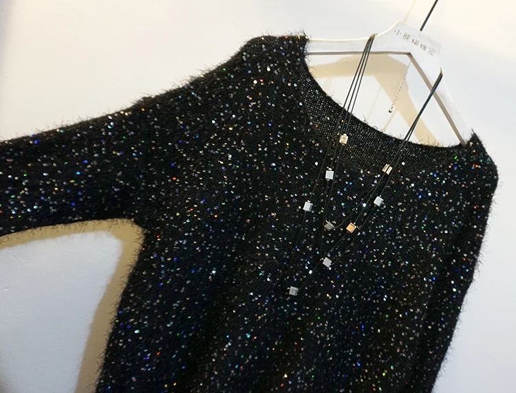 Cakucool Women Sequined Knit Tops Long Sleeve Jumpers Beading O-neck Casual Loose Embellish Sweaters Pullover Lady Black | Женская
