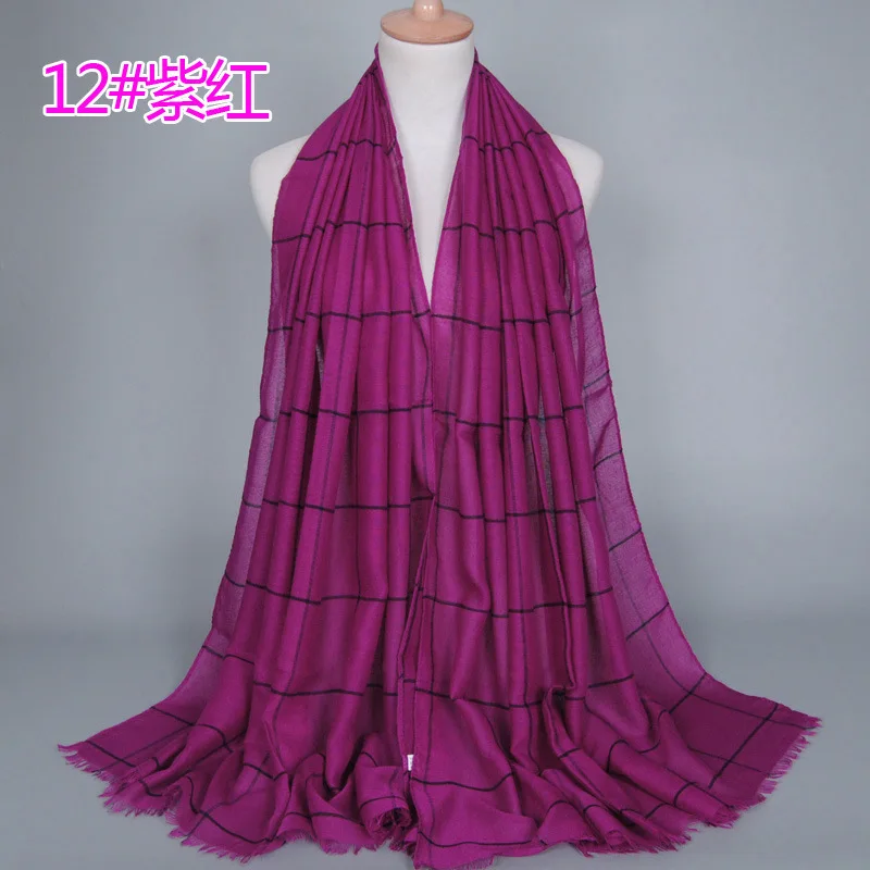 purple-red 1 шт., Классический Клетчатый хлопковый мусульманский хиджаб, шарф для дам, длинные поперечные полоски, двойной цвет, исламские хиджабы, шаль, накидка - Цвет: purple-red
