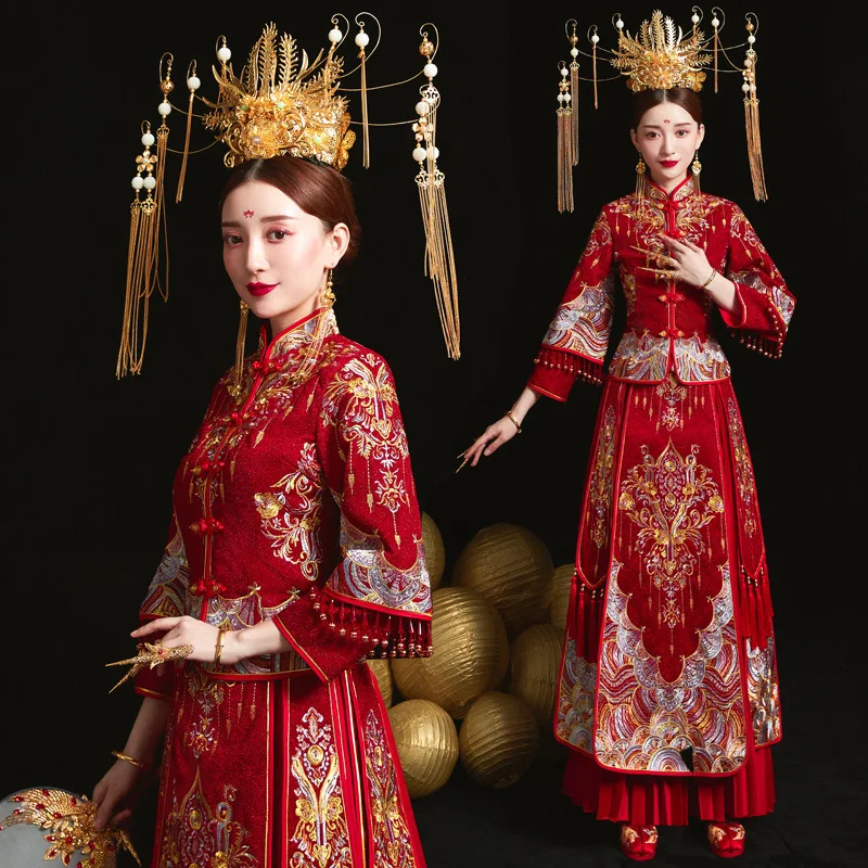 Изысканной вышивкой Украшенные стразами чехонг-костюм Hanfu Костюмы Традиционный китайский Для женщин свадебное платье высокое качественное платье Ципао