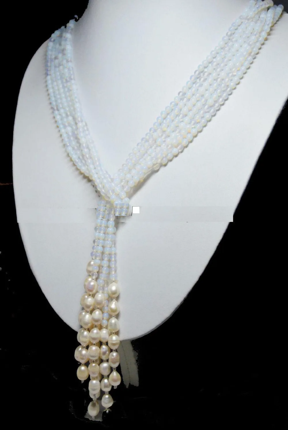 

hot Long Charming 3 Strands 4mm White Moonstone Bead & White Pearl Necklace 48"