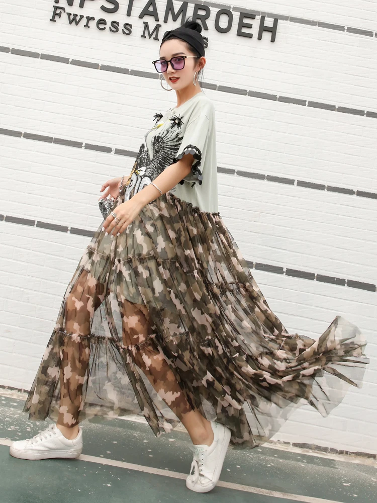 Vestido корейское камуфляжное платье с длинными рукавами блестками рисунком