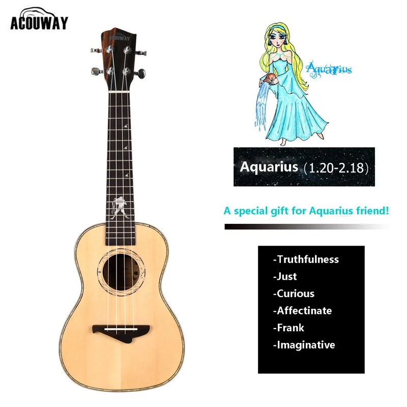 Aquarius Acouway твердая ель Топ укулеле ukelele концертный тенор 23 26 укулеле глянцевая отделка 12 подарок зодиака подарок модель с бесплатной сумкой - Цвет: Aquarius