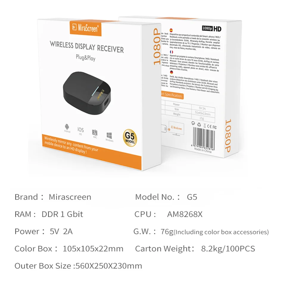 Mirascreen G5A AnyCast tv Stick 2,4G/5,8G WiFi Дисплей ТВ ключ Дисплей приемник Airplay отзеркаливание DLNA для смартфона планшета