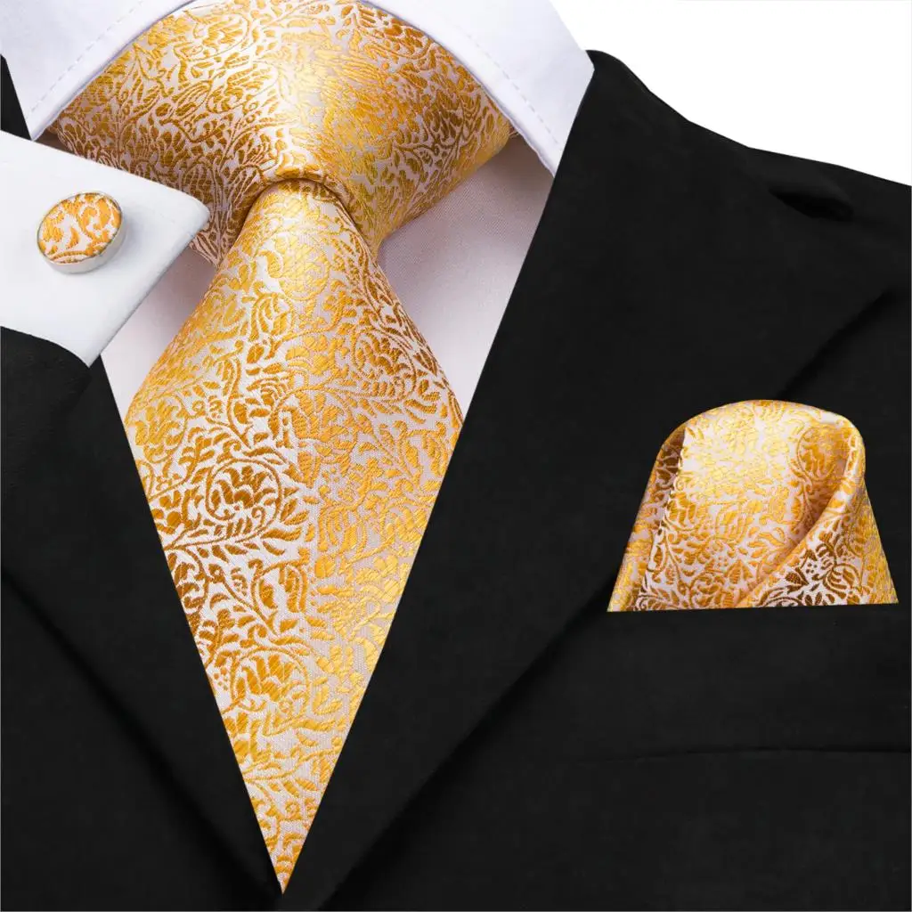 C-3164 Hi-Tie, золотые шелковые галстуки с цветочным рисунком для мужчин, набор с запонками, роскошные градиентные мужские галстуки, галстук для с...