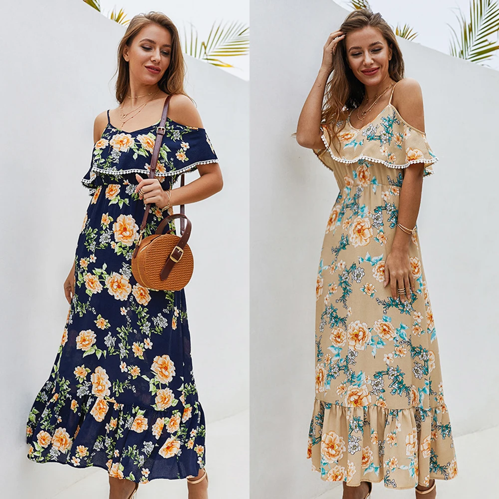 Женское пляжное летнее шифоновое платье с открытыми плечами и цветочным принтом