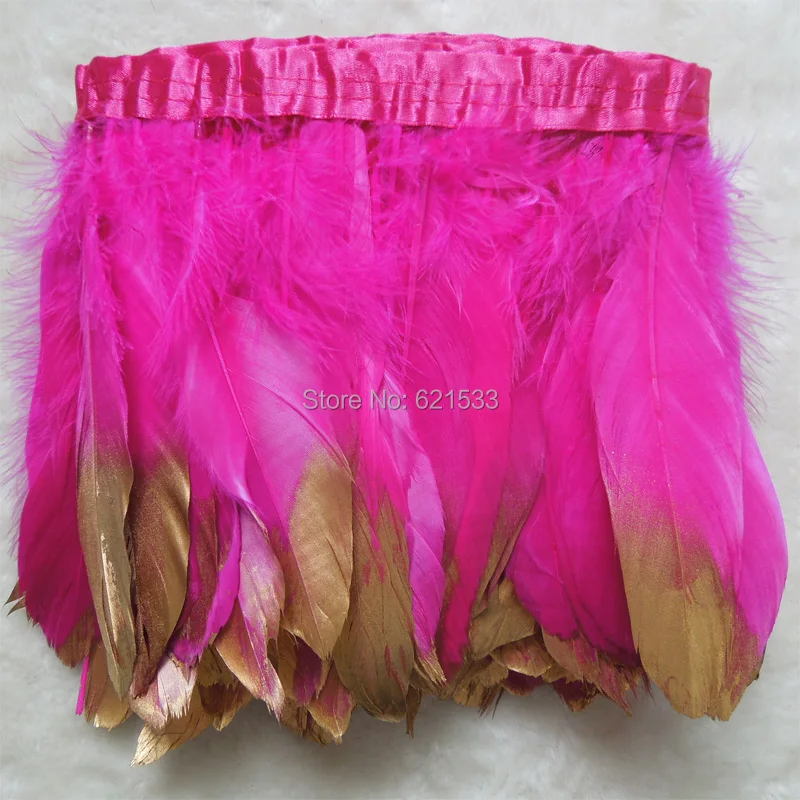 

Dipped Gold Dyed Rose Goose Satinettes Feather Fringe Trims Height 5-6"Feathers Ribbon For Skirt Carnival Clothing Decoration,