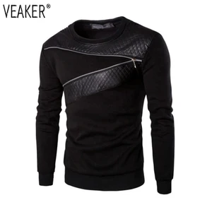 Новинка 2019, мужские толстовки, пуловер в стиле пэчворк из искусственной кожи, черный свитер на молнии, толстовки, мужская приталенная толстовка, модель 5XL