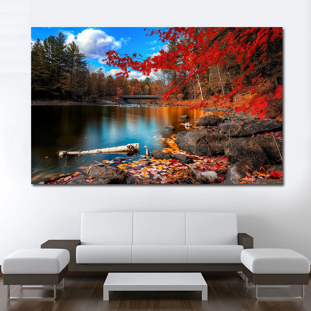 JQHYART Printing Oil Painting foliage lake forest leaves Wall Art Canvas Print Pictures For Living Room And Bedroom No Frame | Дом и сад