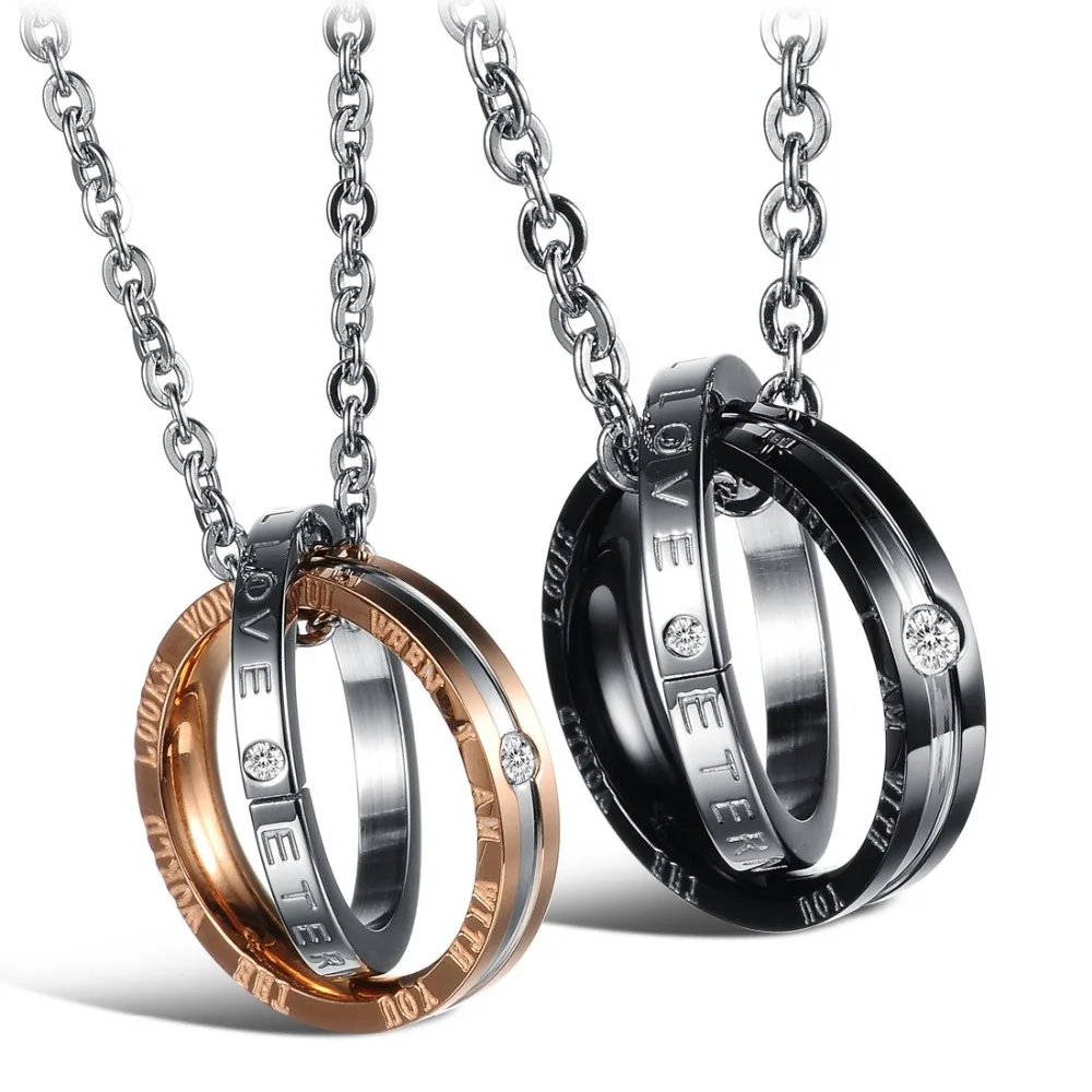 Couples Jewelry Necklaces Black Rose Gold colour Couple Necklace Titanium Steel Double rings Pendants KGX831 | Украшения и