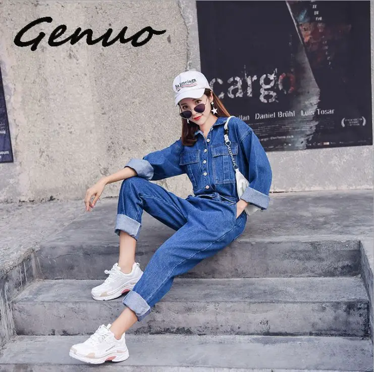 Genuo, элегантный BF уличная одежда, женский джинсовый комбинезон, брюки, осень, длинный рукав, высокая талия, Ретро стиль, джинсы, Комбинезоны для женщин