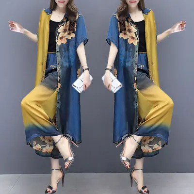 Женский топ большого размера и штаны комплект одежды 2019 Летний Новый кардиган с