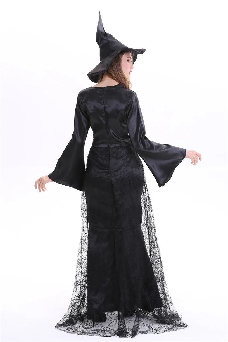 

Halloween Solid Black Dress Women Cosplay Casual Long Bell Sleeve V Neck Mesh Patchwork Witch Role Play Women Dress With Cap