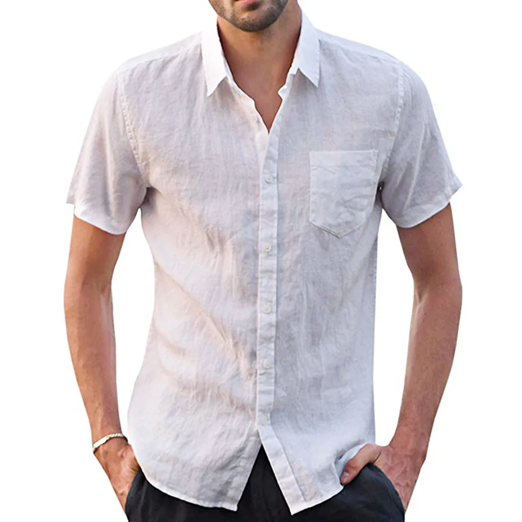 Мужская льняная рубашка с отложным воротником однотонная Повседневная