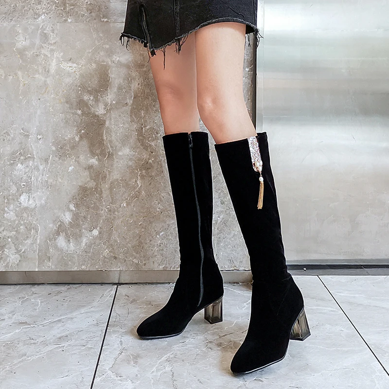 

WETKISS Flock Knee High Boots Women High Heels Boot Zip Shoes Female Pearl Tassel Shoes Ladies Square Toe Shoes Plus Size 34-48