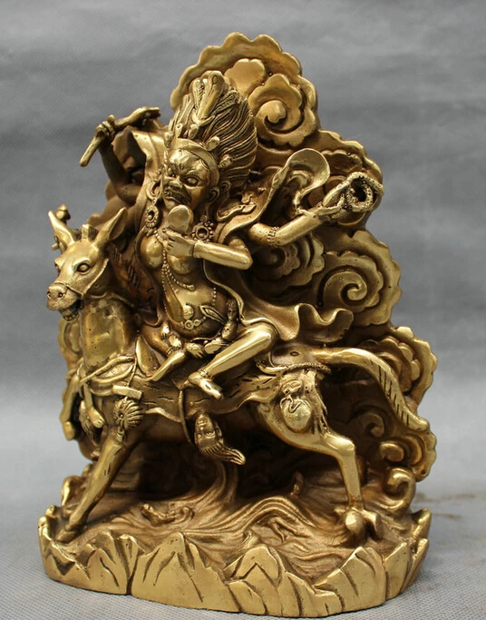 song voge gem S2488 8&quot Tibet Brass Buddhism Protect Deity 4 Arms Mahakala Buddha Ride Horse Statue | Дом и сад
