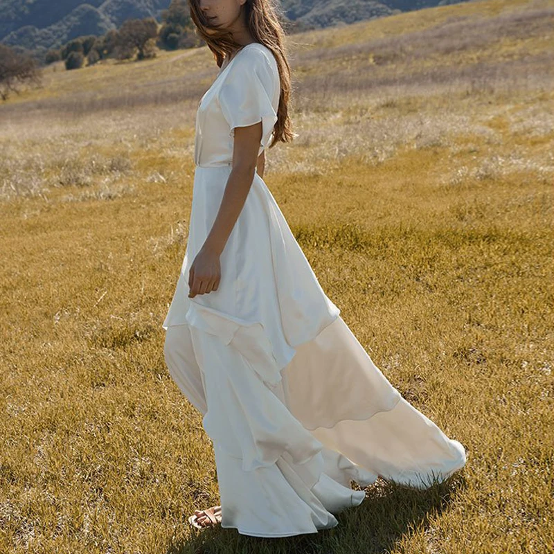 Женское однотонное платье из полиэстера с короткими оборками свободное Длинное