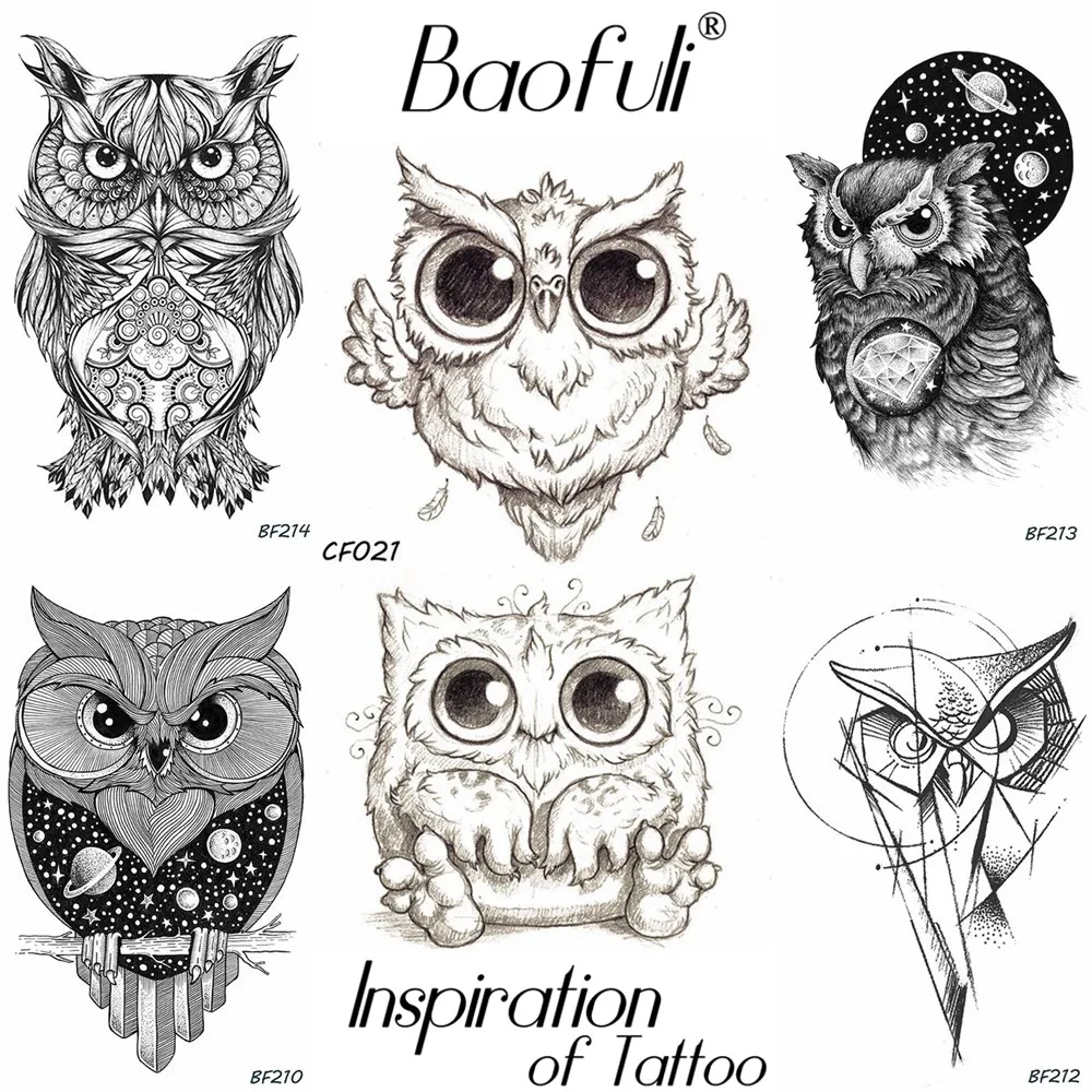 Baofuli Pencil Sketch Owl Cartoon Temporary Tattoo Geometric Art Tattoo Black Waterproof Fake Tattoo Planet Body Arm Women Men