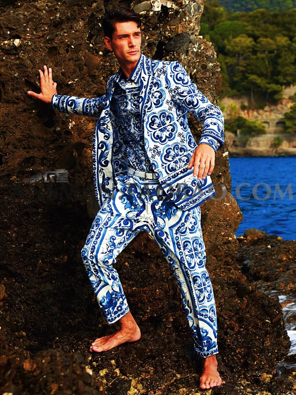 2021 новая мужская одежда певца модный тонкий синий и белый фарфор костюм мужской