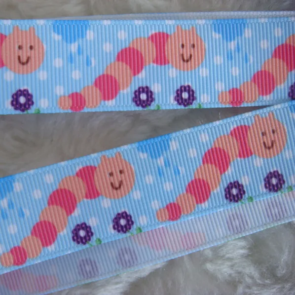 5 Yard 22mm 7/8&quot Grosgrain Ribbon Printed Caterpillars Flower Dot Blue Bottom DIY Hairbow 1570 Gift Wrapping Craft | Дом и сад