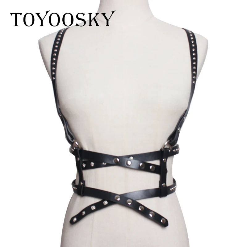 

TOYOOSKY Women Punk Belt Sexy Vest Leather Rivet Hip Hop Cross Harness Shirt's Belts Adjustable Metal Pin Buckle Waist Belt 2019